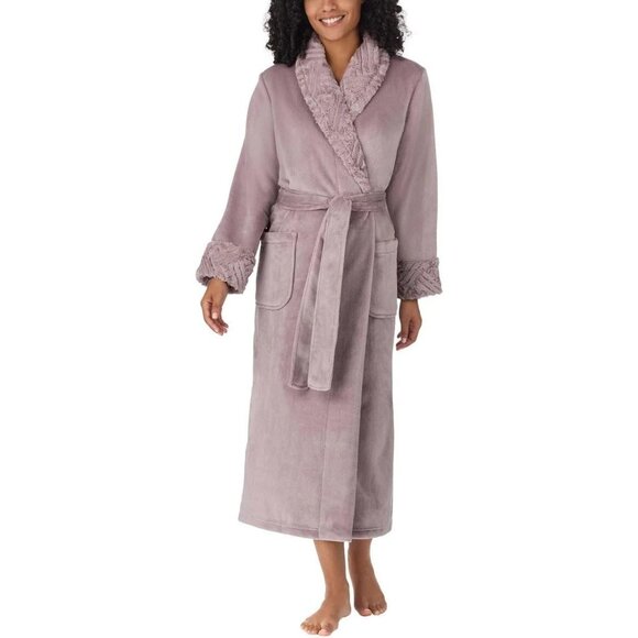 NEW Carole Hochman Plush Wrap Robe Women's L Gray Faux Fur Patch Pockets - Picture 1 of 6